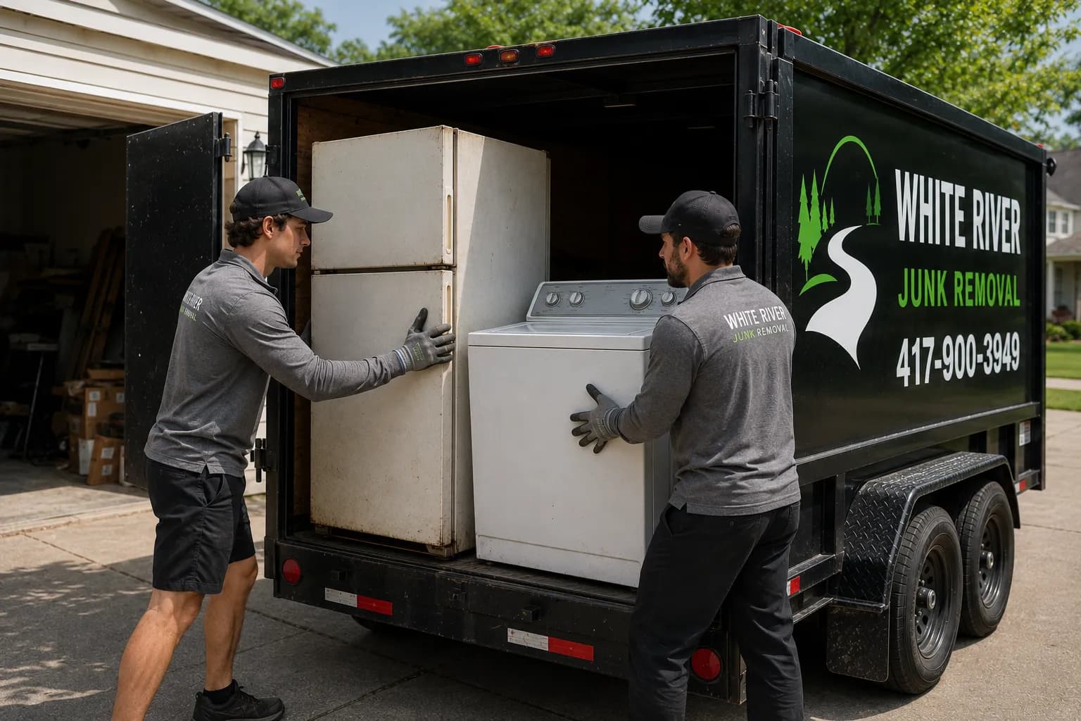 Crew members loading an old refrigerator and washing machine into a trailer
