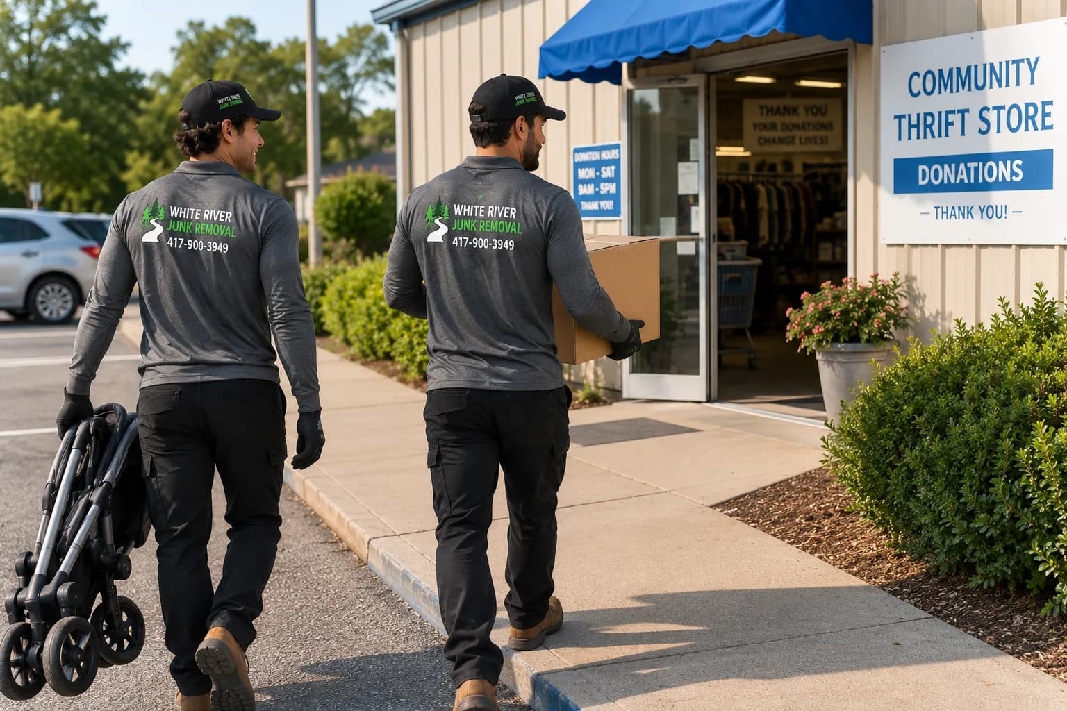 Crew members carrying a donation box toward a community thrift store