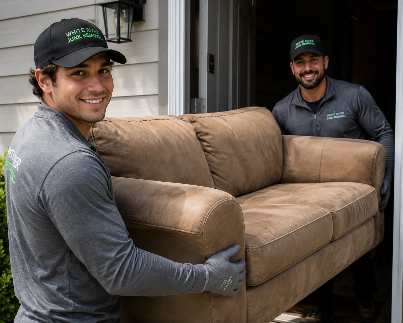Two crew members carrying a couch out of a home