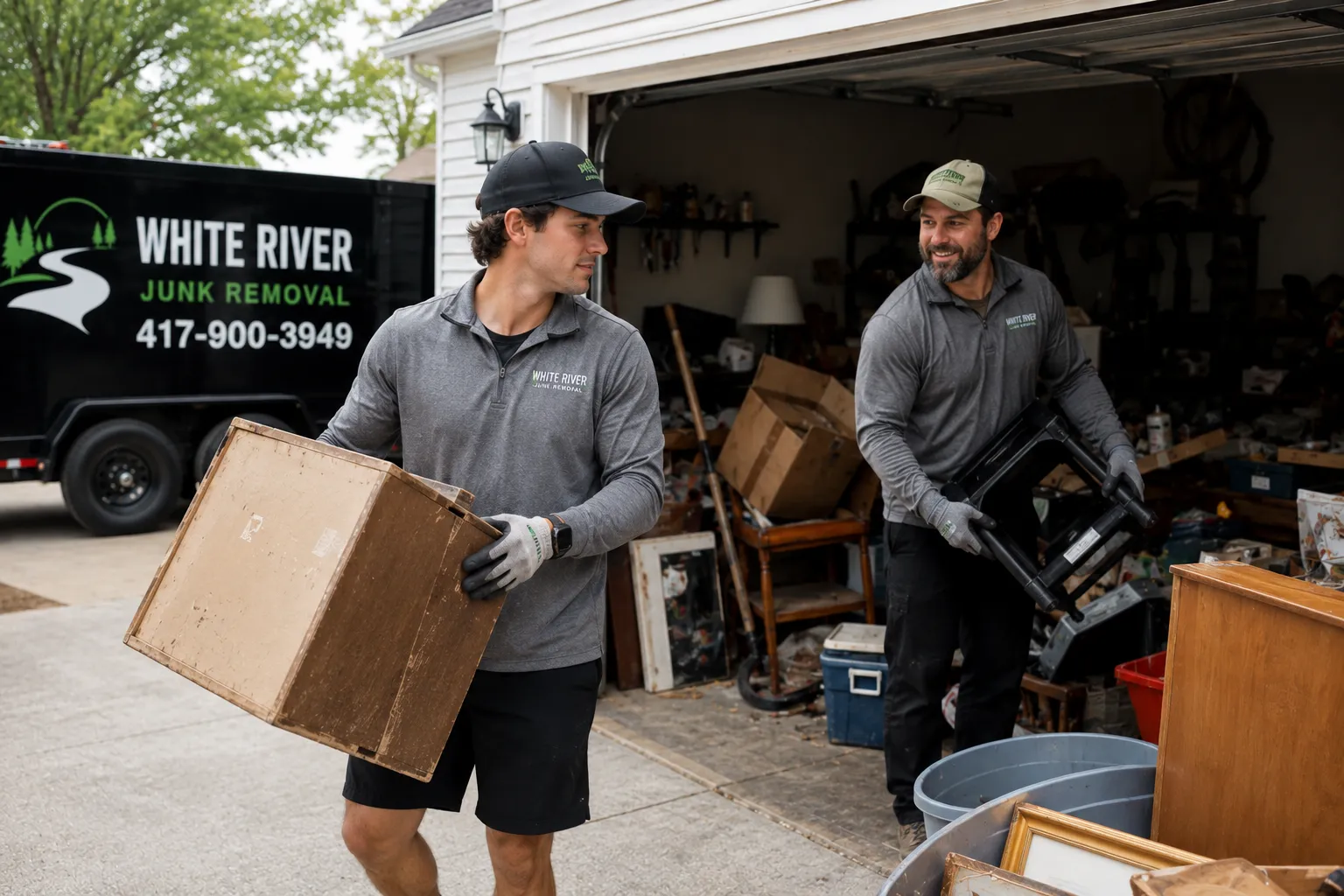 Crew members carrying boxes and furniture out of a garage