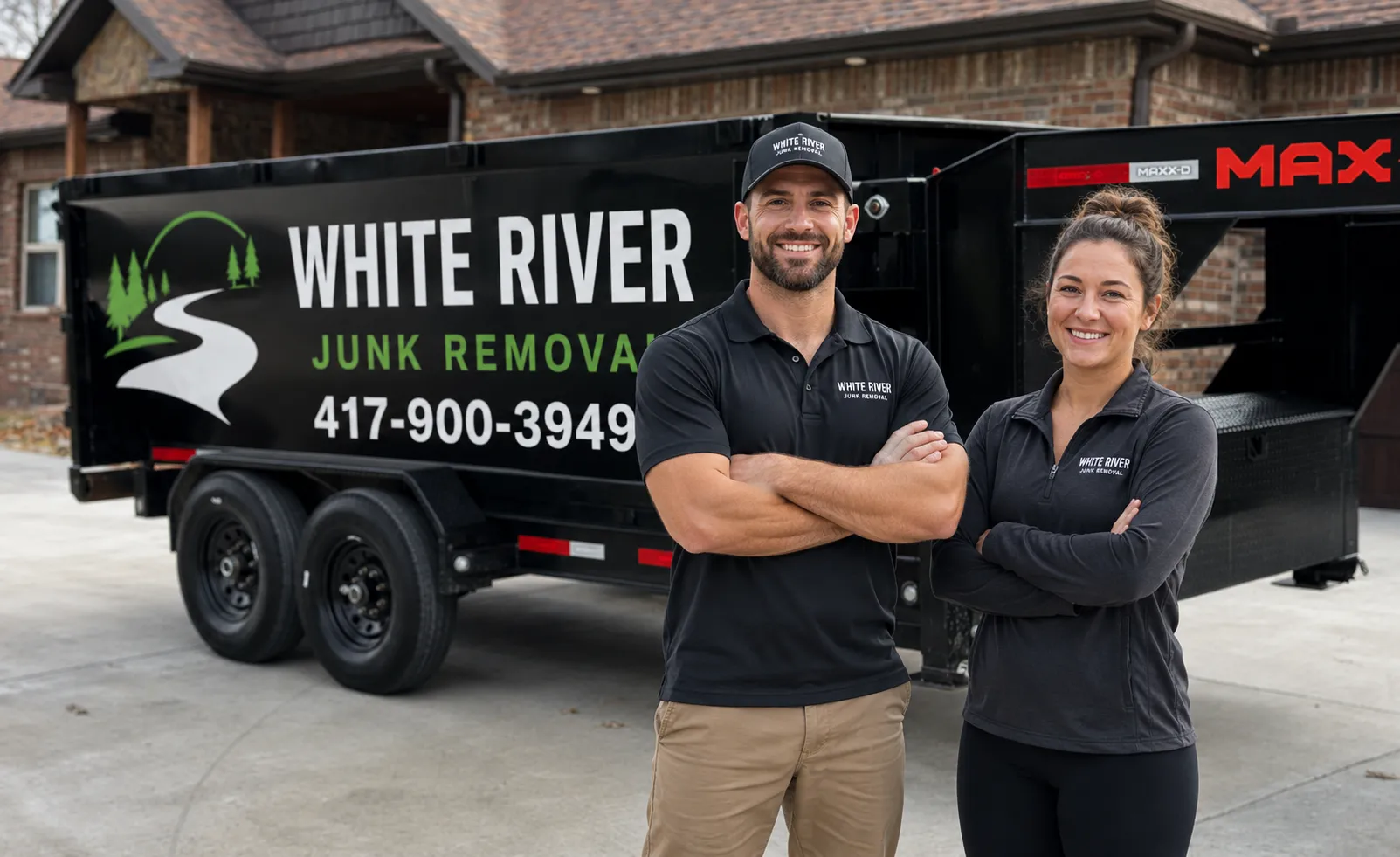White River Junk Removal crew standing beside their trailer, branded with the company logo and phone number